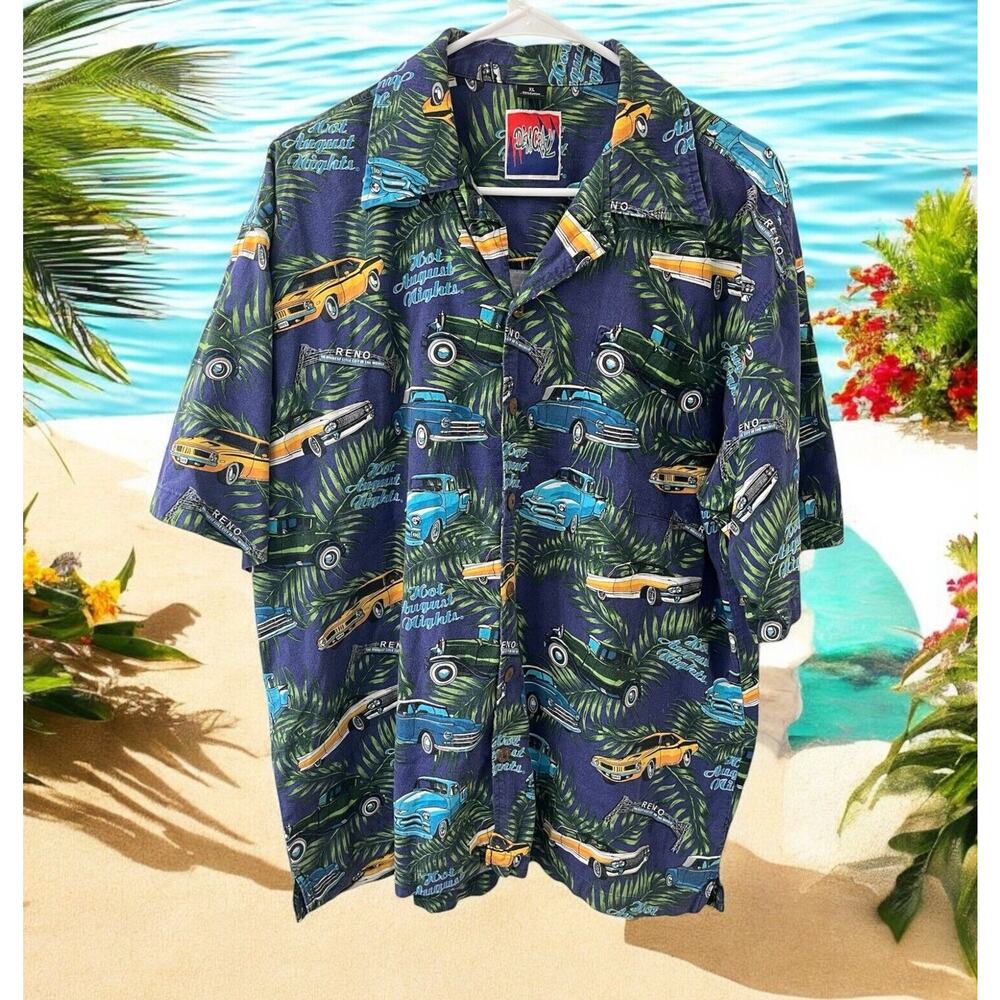 Dem Crazy Mens Shirt XL Blue Hot August‎ Nights Reno Hawaiian Old Classic Cars